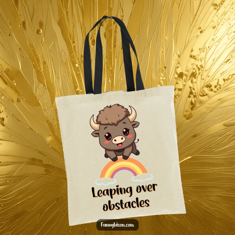 Funny Kawaii bison tote bag featuring a happy bison jumping over a small, bright rainbow, ideal for daily cheer.
