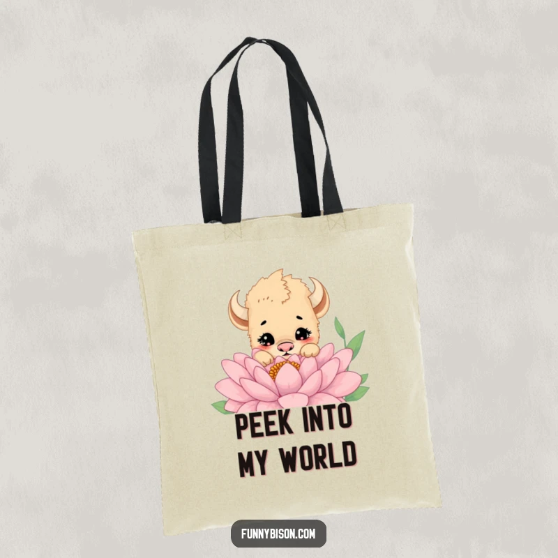 Funny tote bag featuring a cute bison cub peeking over a giant flower with a curious expression, perfect for everyday charm.
